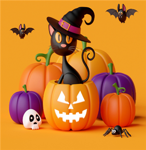 It's a black cat with a hat in a jack o'lantern with pumpkins, spiders, bats, and a skull around him.